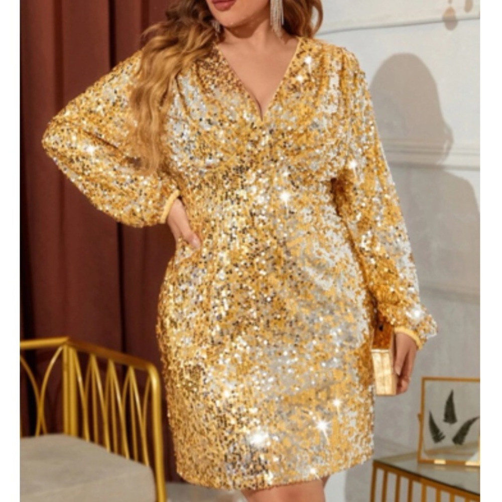 Luxe plus size plunging V neck holidays sequins party formal evening prom dress
